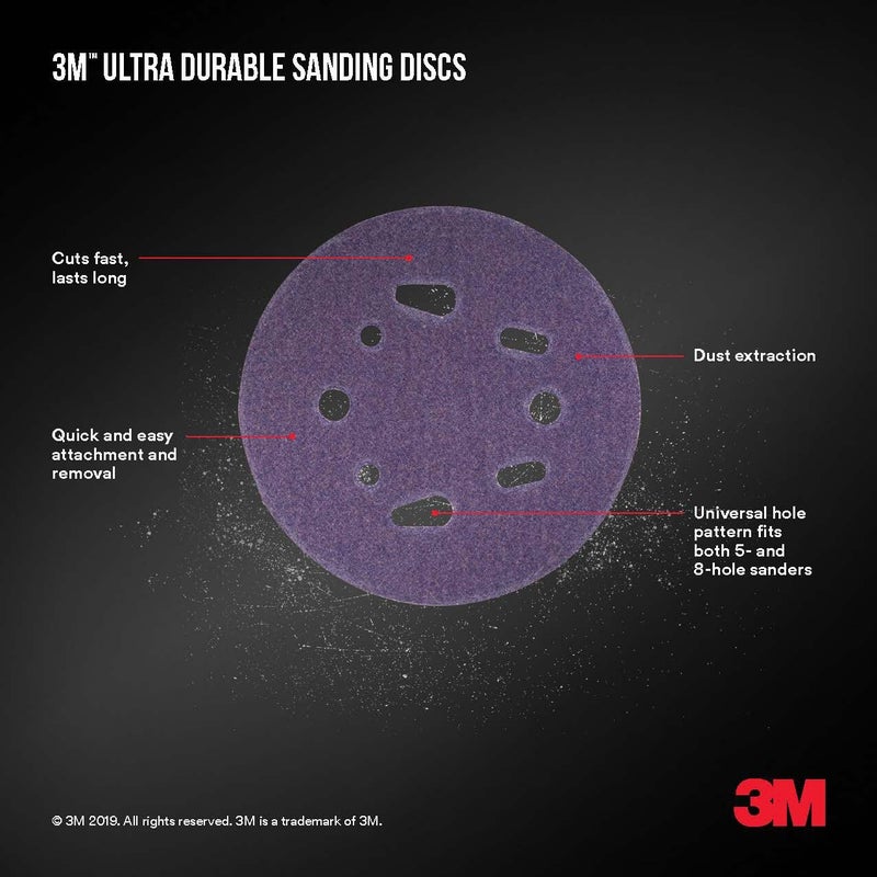 3M Ultra Durable 5 inch Power Sanding Discs, Universal Hole, 100 Grit, 10/Pack - Image 4